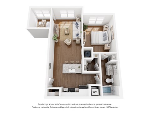 A 3D floor plan of a house with a living room, dining room, kitchen, and bathroom.